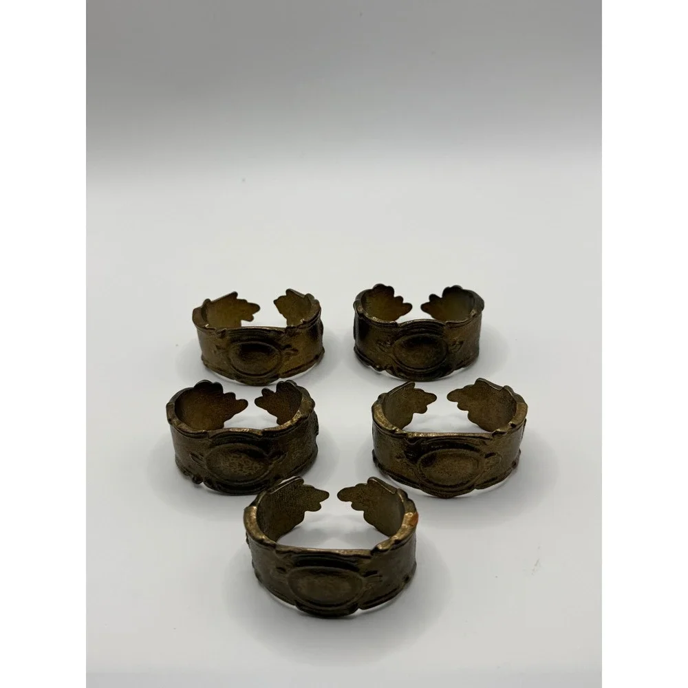 Vintage Brass medallion Napkin Rings MCM Rococo set of 5 Ornate Metal Cuff